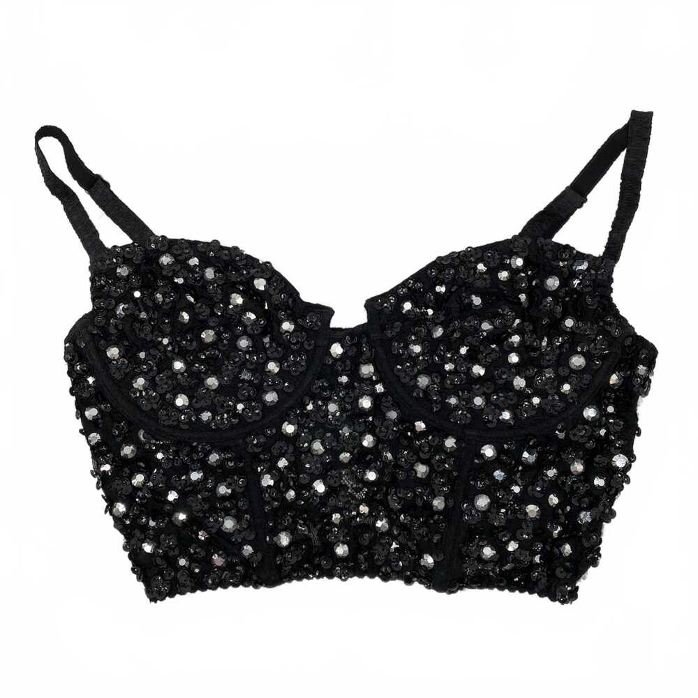 DKNY Black Vintage Sequin Rhinestone Lace Cropped Bustier Top | L